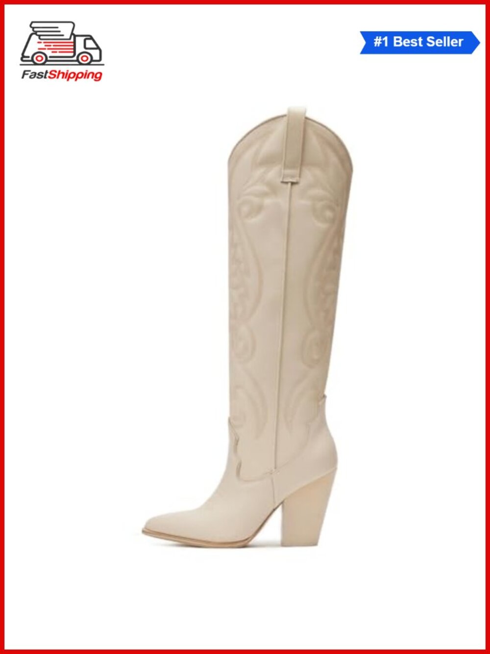 ✨ Pointed Toe Knee High Western Cowboy Boots Chunky Heel Pull-On Embroidered
